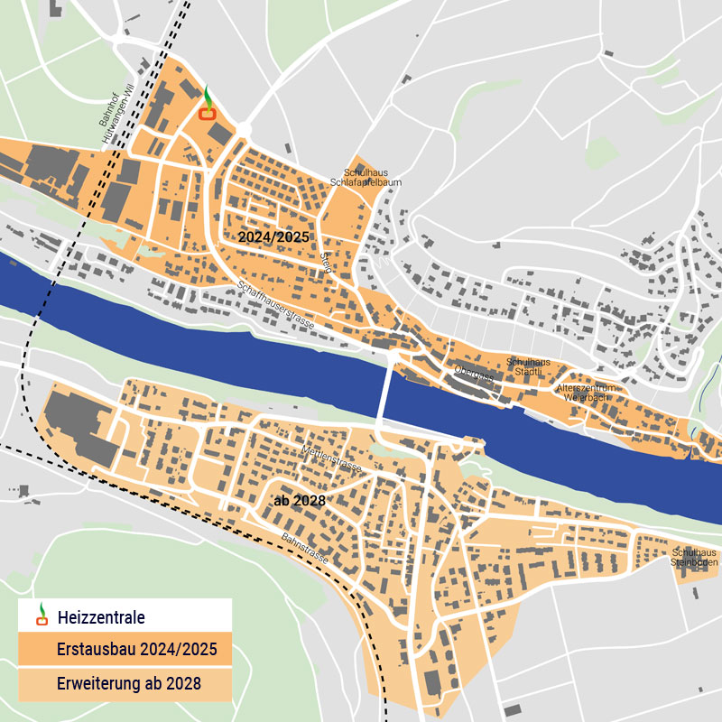 Fernwärme Versorgungsgebiet Eglisau mit Heizzentrale, Erstausbauzone 2024/25 und Erweiterungszone ab 2028